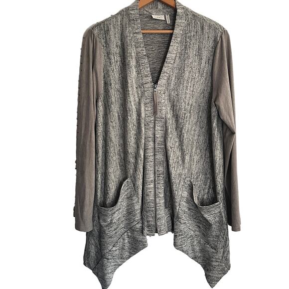 LOGO Lori Goldstein Cardigan Sweater M Gray Zip Pockets V Neck Drapey Faux Suede - Picture 1 of 7